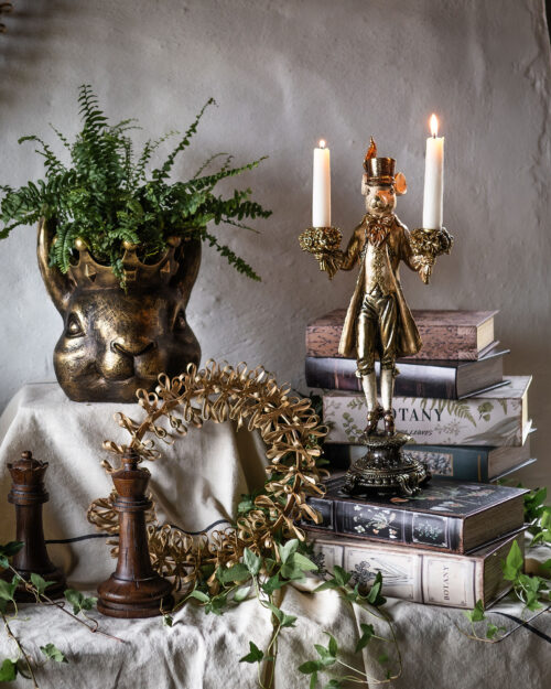 Ljusstake mus guld 46 cm med hatt och frack