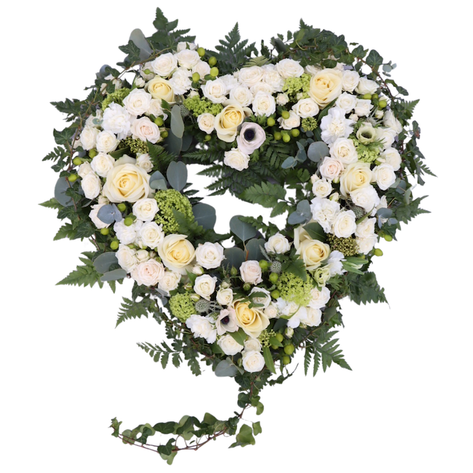 Bild på ett öppet begravningshjärta i vita toner i storlek stor.