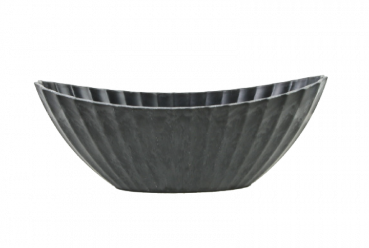Oval plantskål i gråsvart, ribbad yta