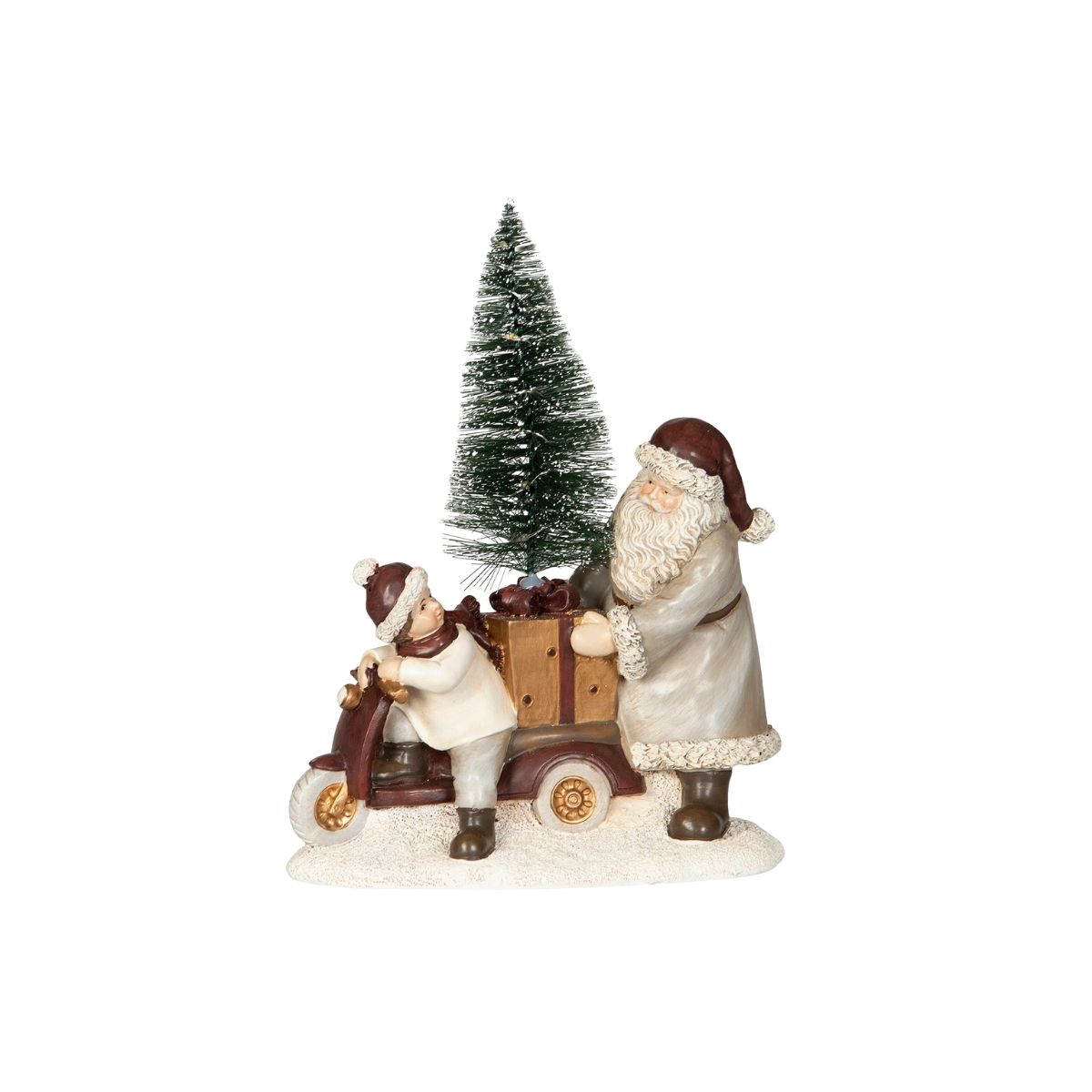 Tomte och barn på moped med julgran och LED-ljus