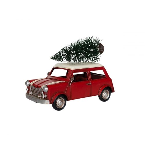 Röd bil med julgran på taket.
